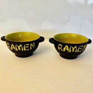 World Market Ramen Noodles Ceramic 2 Bowls  Black Green Handles Japanese Gift